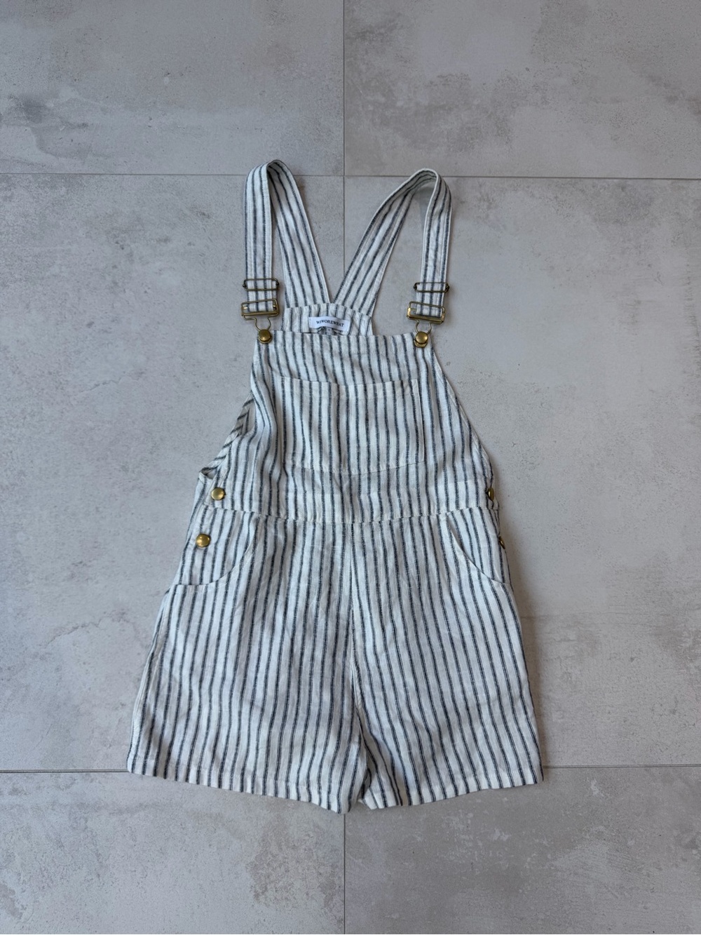 WeWoreWhat White and Gray Striped Linen Short Overalls